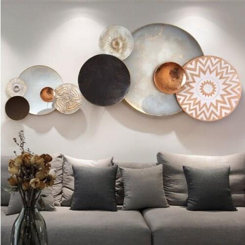 Nordic light luxury living room sofa background pendant creative round plate wall decoration classic modern porch adornment