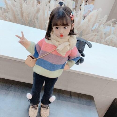 Girls Sweater Babys Coat Outwear 2021 Rainbow Thicken Warm Winter Autumn Knitting Scoop Jacket Long Sleeve Childrens Clothing