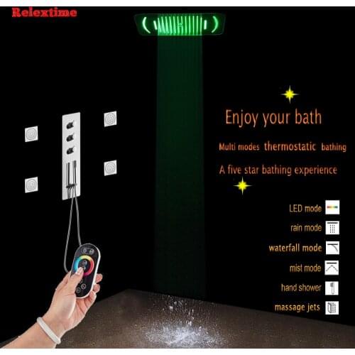 Bathroom Thermostatic Shower Set Panel Massage Jets Mixing Valve Faucet Nozzle Glow LED Luxury Shower Head Waterfall Rain Units