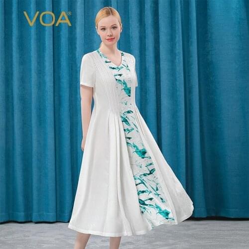 VOA Silk Dark White Ripple Peach Heart Collar Short-sleeved Stitching Bright Wire Decorative Pleated Large Pendulum Dress AE525