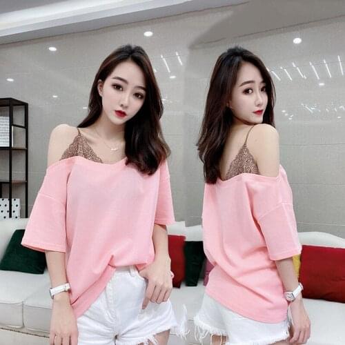 Leopard Sexy Off Shoulder Top Women Tee Shirt Femme Summer V Neck Short Sleeve Blouse Solid Color Basic 2021 Fashion