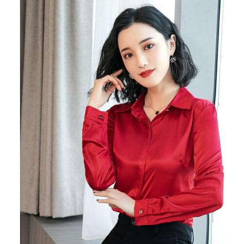 Women Imitation Silk Long Sleeve Button Down Shirt Ladies Work Office Blouse Top Womens Fashion Solid Color Slim Blouse Q632