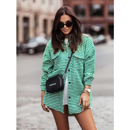 Women Vintage Green Plaid Shirts Jacket 2021 Spring-Autumn Chic Ladies Streetwear Loose Shirt Elegant Female Outfit Girls Coat