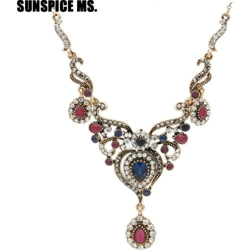 Gorgeous Turkish Women Flower Vintage Necklace Antique Gold Color Water Drop Resin Neckalce Jewelry India Bohemia Wedding Bijoux