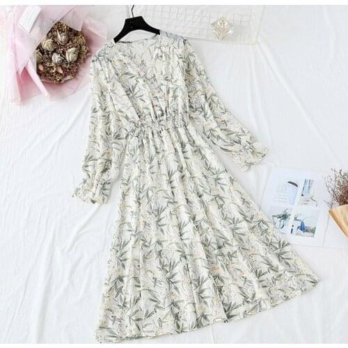 Women Chiffon Dress 2020 Spring Fashion Female Short Sleeve Vintage Printed Floral Casual Autumn Dresses V-neck A-line Vestidos