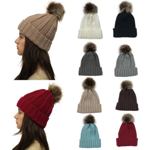 New Pom Poms Winter Hat for Women Fashion Solid Warm Hats Knitted Beanies Cap Thick Female Cap Pompon Winter Hat Cap