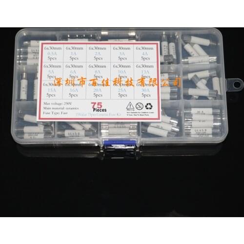75Pcs 15 kinds specifications × 5pcs 6x30mm 0.5A~30A ceramic fuse box, mixed fuse cover