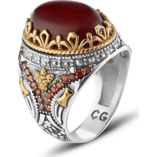 925 sterling Silver Red Agate Stone Men 'S Ring Jewelry