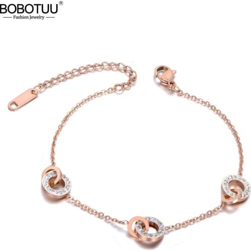 BOBOTUU Titanium Stainless Steel White Clay Circle Charm Bracelets For Women Girl Rose Gold Chain Link Bracelet Jewelry BB19112