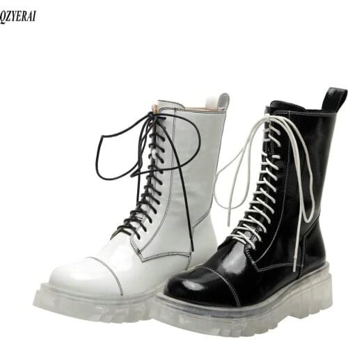 New design Women boots Genuine leather Martin boots Transparent soles Fashion boots Womens shoes Black white