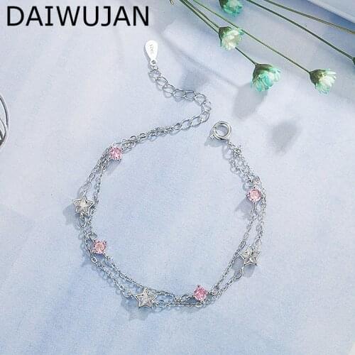 DAIWUJAN Double Layers Stars Charm Bracelets For Fashion Women 5A White Pink Blue Zircon 925 Silver Chain Bracelet Party Jewelry