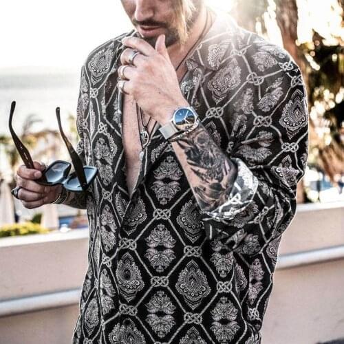 Men Shirt Ethnic Print Long Sleeve Vintage High Street Wear Style Beach Camisa Chic Breathable Hawaiian