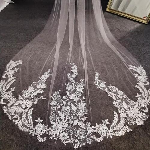 Real Photos Flower Lace Appliques 2 Tier Wedding Veil Soft Tulle 3 M Long 2 T Bridal Veil with Comb Wedding Accessories