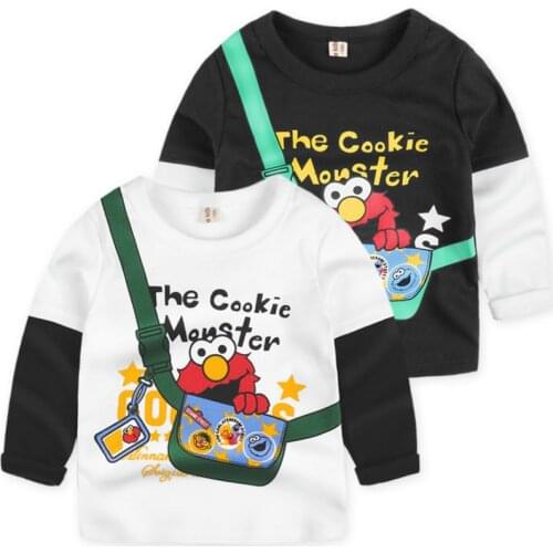 Boys Long-sleeved T-shirt 2021 Spring and Autumn Cotton New Childrens T-shirt Slanted Bag Stitched Sleeve T-shirt
