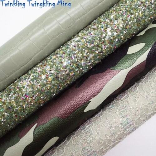 Mixed Colors Glitter Leather, Camousflage Printed Faux Leather, Lace Glitter Leather For Bow A4 21x29CM Twinkling Ming KM084