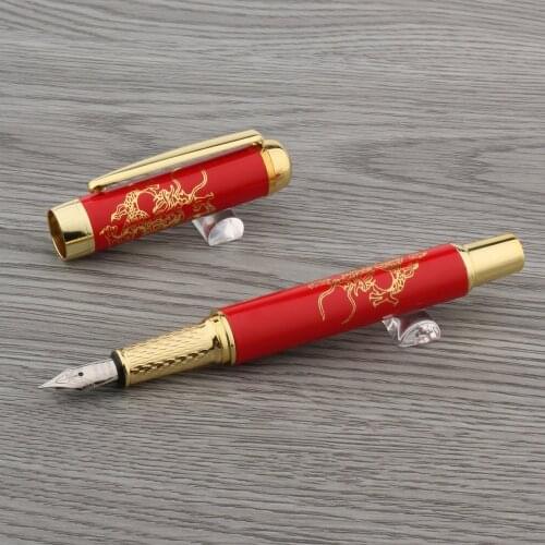 Red Ceramic Golden Dragon Painting Medium M Nib Fountain Pen Stationery Office School Supplies