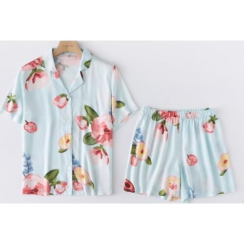 Summer 2021 Korean Style Floral Printed Pijamas Short Sleeve Top Short Pants 2 Piece Pajamas Set Fashion Comfortable Loungewear