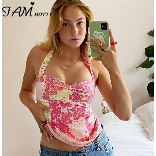 Ruched Cute Floral Print Pink Halter Corset Top Tee Women Harajuku Retro Skinny Sexy Crop Tops Summer Beach Party Vest Iamhotty