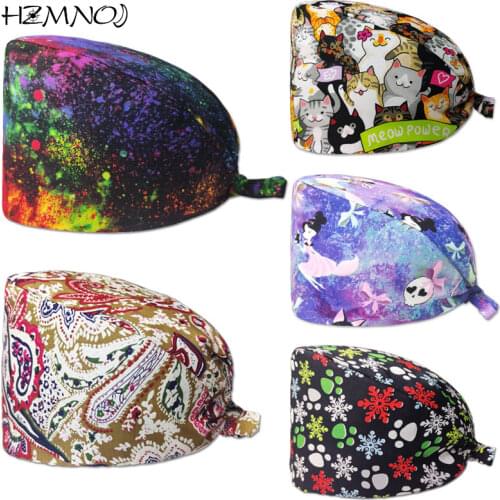 Fashion Scrub Cap Printing Beauty Salon Laboratory Work Adjustable Unisex Cotton Dental Nurse Pet Work Veterinary Scrub Cap