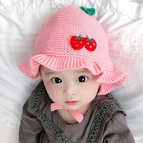 Autumn and winter baby girl woolen knit hat ear protection warm baby hooded cherry lace princess hat strap girls winter hats