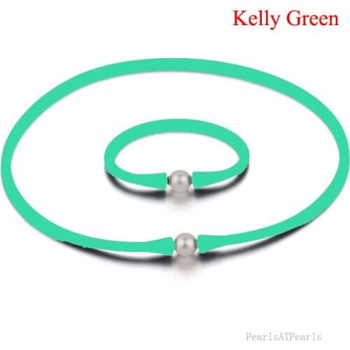 16 inches 10-11mm Natural Oval Pearl Teal Rubber Silicone Necklace & 7 inches Bracelet Jewelry Set