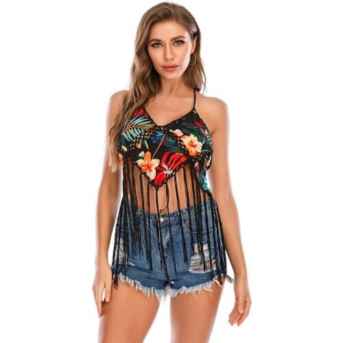 2020 beach dress bathing suit women Bikini stitching tassel blouse needle lace top print vest beach blouse female