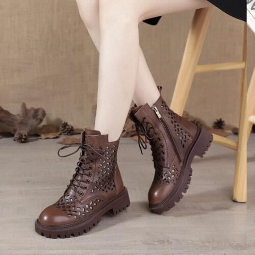 Spring and Summer Casual Short Boots British Style Thick-soled Hollow Sandals Leather High-top Martin Boots Womens Hole Shoes