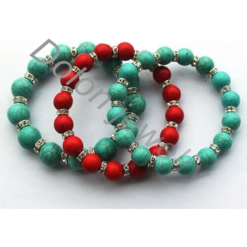 Handmade Stretch 10mm 12mm Red Coral and Beaded Bracelet with Silver Crystal Roundels for Men or Women Jewelry