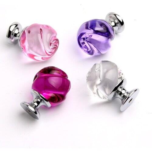 Rose Flower Glass Crystal Knobs Cupboard Drawer Pulls Closet Kitchen Cabinet Door Wardrobe Handles Hardware Single Hole Knobs