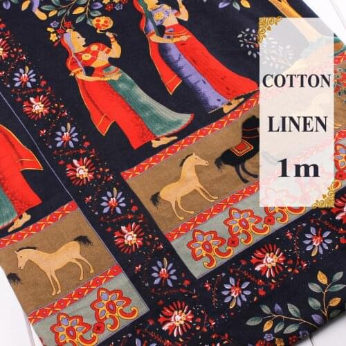 Cotton Linen Fabric Dancer Horse Girl Vintage Indian Style Patchwork Cloth DIY Sewing Quilting Material For Bags 145x100cm