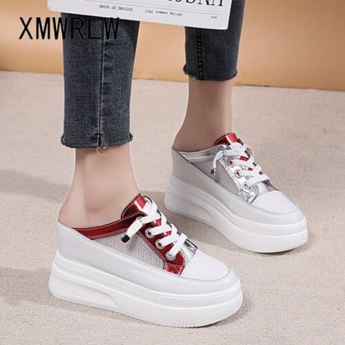 XMWRLW Breathable Mesh Casual Women Summer Slippers High Heels Half Shoes For Women Genuine Leather Ladies Summer Shoes Slipper