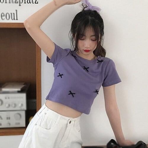 2021 Summer New Women‘s T-Shirt Crew Neck High Waist Fashion Simple Retro Bow Design Tops White Black Single Size