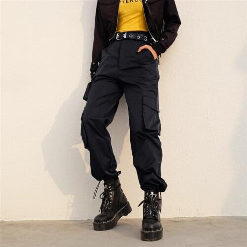 JIEZuoFang 2020 NEW Women Solid Casual Loose High Waist Ankle Banded Cargo Pants Solid Side Pockets Ankle-length Cargo Pants
