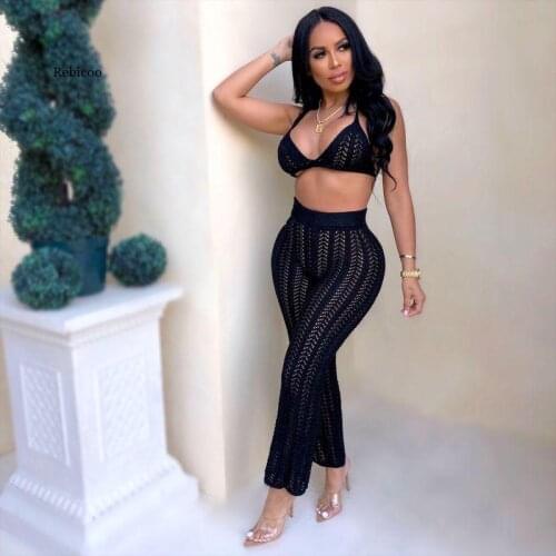 Women S Fashion Knitted Mesh Hollow Perspective Two Suits Hot Selling