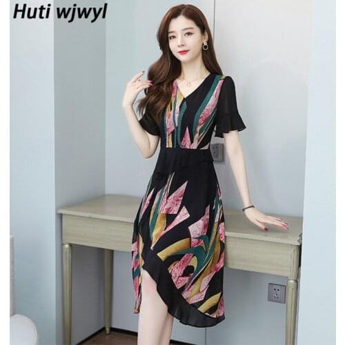2021 Vintage Print Plus Size Sexy V-Neck Midi Sundress Summer Chiffon Beach Boho Dress Elegant Women Short Sleeve Party Vestidos