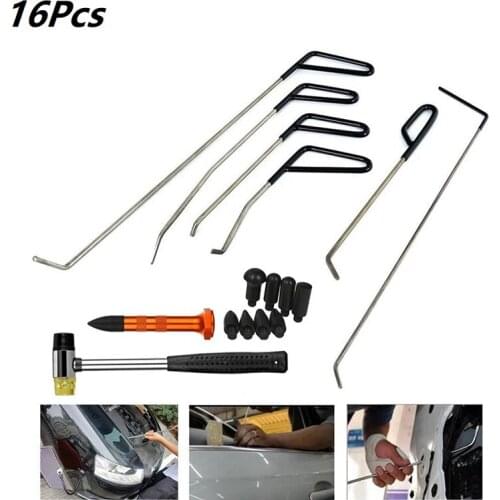 16Pcs Automotive Paintless Dent Repair Removal Tools Puller Kits Hail Repair Tools Hooks Rods Wedge Pump Tap Down Pen