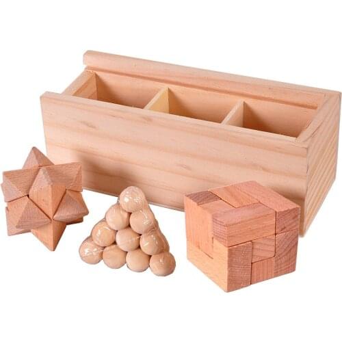 3Pcs/Set IQ Brain Teaser Interlocking Burr Puzzles Wooden Kong Ming Lock Classical Game Toy For Children Adults Kids 6Y
