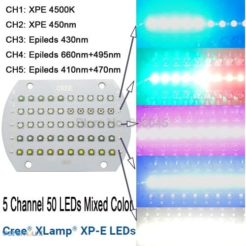 5 Channel Aquarium 50 LEDs Emitter Lamp Light Cree XPE XP-E 4500K 450NM Epileds 395NM 430NM 660NM Mixed Energy Saving Led Bulb