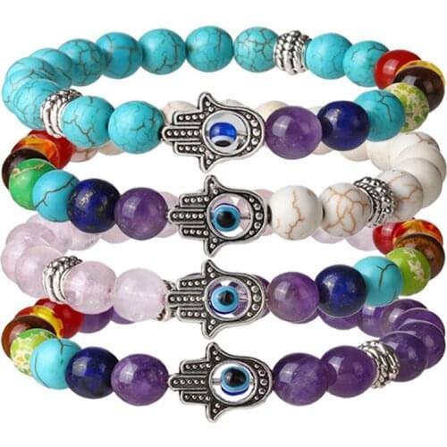 8mm Round Stone Natural Amethysts Turquoises Evil Eye Hamsa Bracelets 7 Chakra Reiki Healing Balance Prayer Yoga Women Jewelry