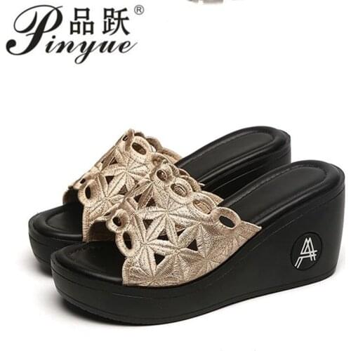 Size 34--40 Summer Slippers Female Fashion Wedges Slipper Sequins Mother Anti - slip Real Leather Womens Sandals