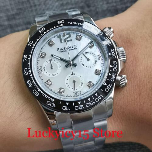 PARNISChronograph VK Quartz White Men Watch Dimond-Like Index Dial Black Bezel Middle Polish Strap Sapphire Crystal 24 Hours
