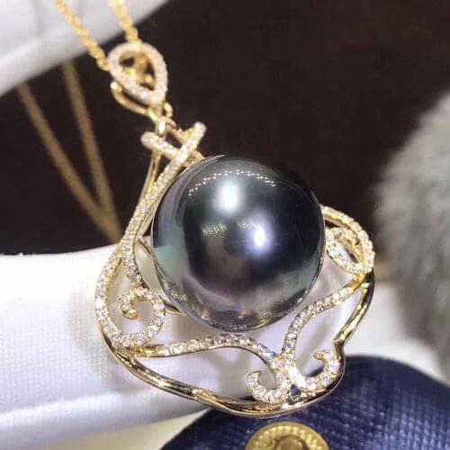 D207 Fine Jewelry 18K Gold Natural Ocean Tahiti Green Pearl 15mm Pendants Necklaces for Women FIne Pearls Pendants