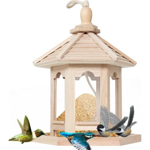 Wooden Wild Bird Feeder Hanging Bird Cage Feeder With Roof For Garden Yard Outside Decoration Hexagon Shaped With Roof