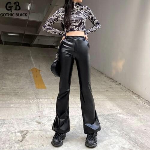 Gothblack Flare Pants Wide Leg Solid Leather Fashion Streetwear Gothic Back To Basics High Waist Casual Summer Women Clothes