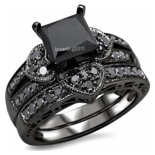 Victoria Wieck Princess cut black AAA CZ simulated stones 10KT Black Gold Filled Bridal Engagement Wedding Ring set Sz 5-11 Gift