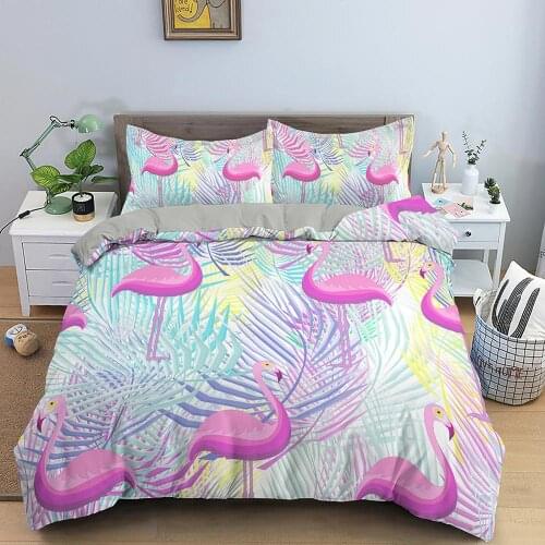 Pink Bird Flamingo Bedding Set Green Plants Duvet Quilt Cover Pillowcases Single Queen King Twin Size Drop Shipping