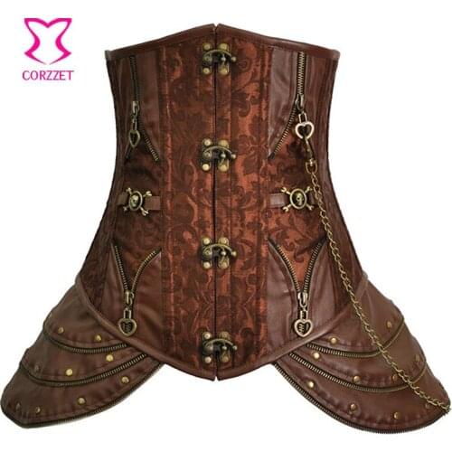 Steampunk Steel Boned Underbust Corset Female Brown Brocade With Skull Rivets And Chain Skirted Bustier Gothic Clothes For Woman