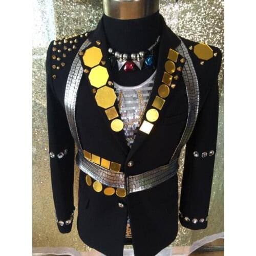 New Fashion Cool Male Lens mirror black Rivet performance Jacket Nigthclub show Performance slim coat for singer dancer