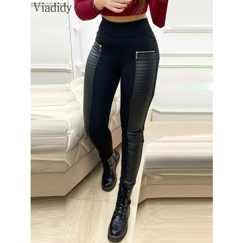 PU Leather Fashion Pants Contrast Zipper Design High Waist Skinny Pants
