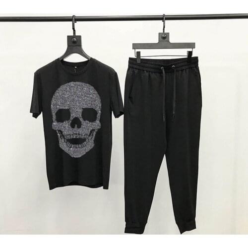 O-Neck New Hot Sale Short-Sleeved Skull Pattern Mens Set Top Quality Track Suit Brand Diamond T-Shirt